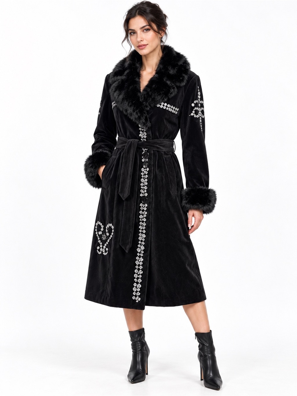 EBENE BY PATRICK ASSULINE Sevana Beaded Velvet Trench Coat Rabbit Fur Trim Black
